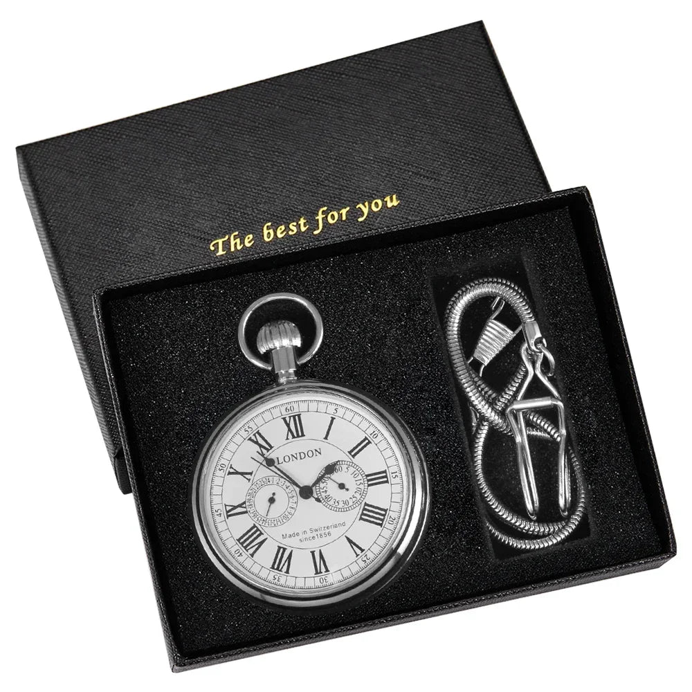 Luxury London 1856's Antique Pocket Watch Mechanical Hand Winding Stainless Steel Case Mens FOB Chain Pocket Watch Reloj Gift