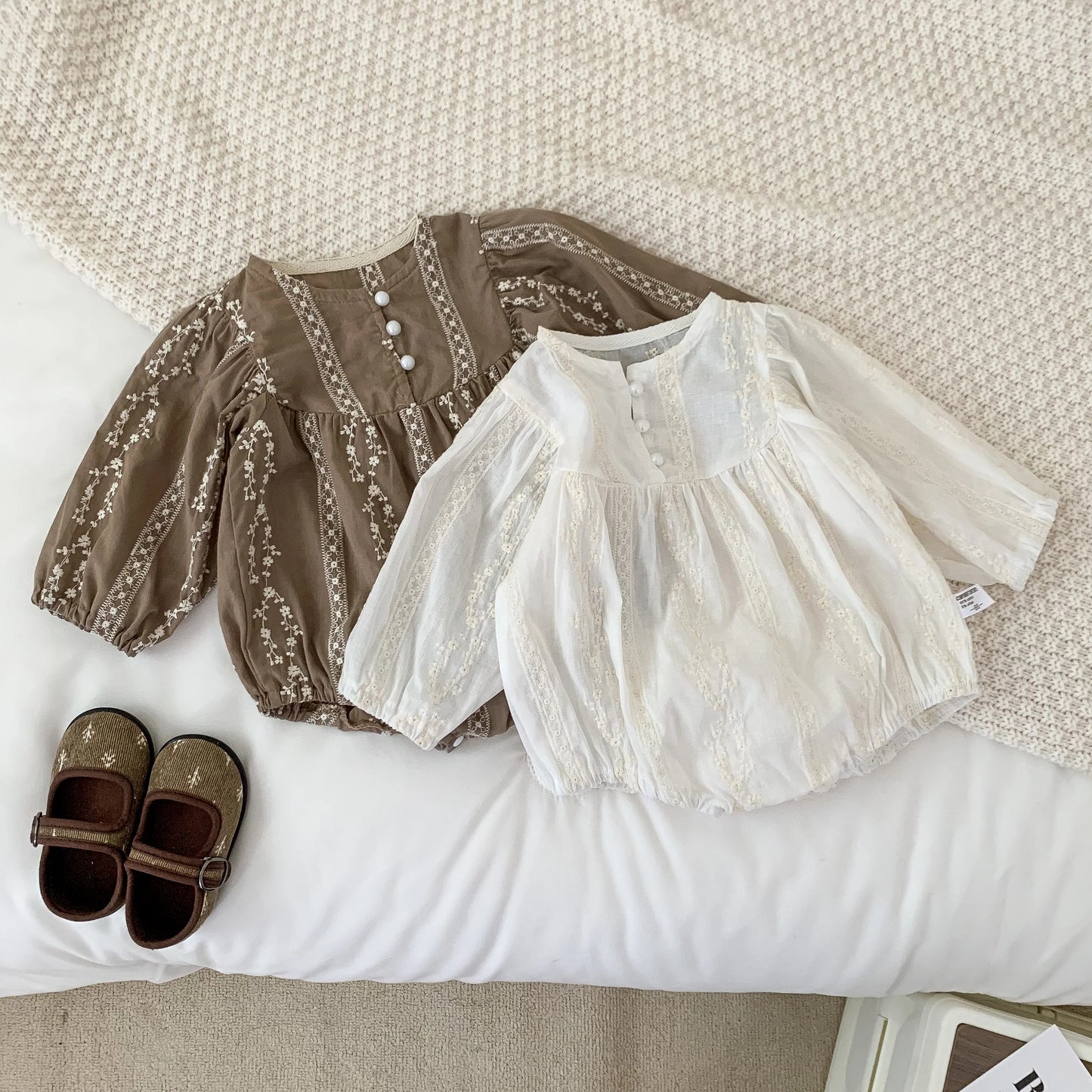 Girls Baby Pearl Button Embroidered Princess Jumpsuit Long Sleeve Thin Style Spring Autumn Children's Clothing