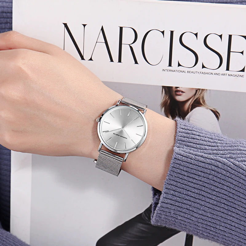 Hannah Martin Original Women Watch With Japanese Imported Movement Fashionable Simple Style Stainless Steel Mesh Rose Wristwatch