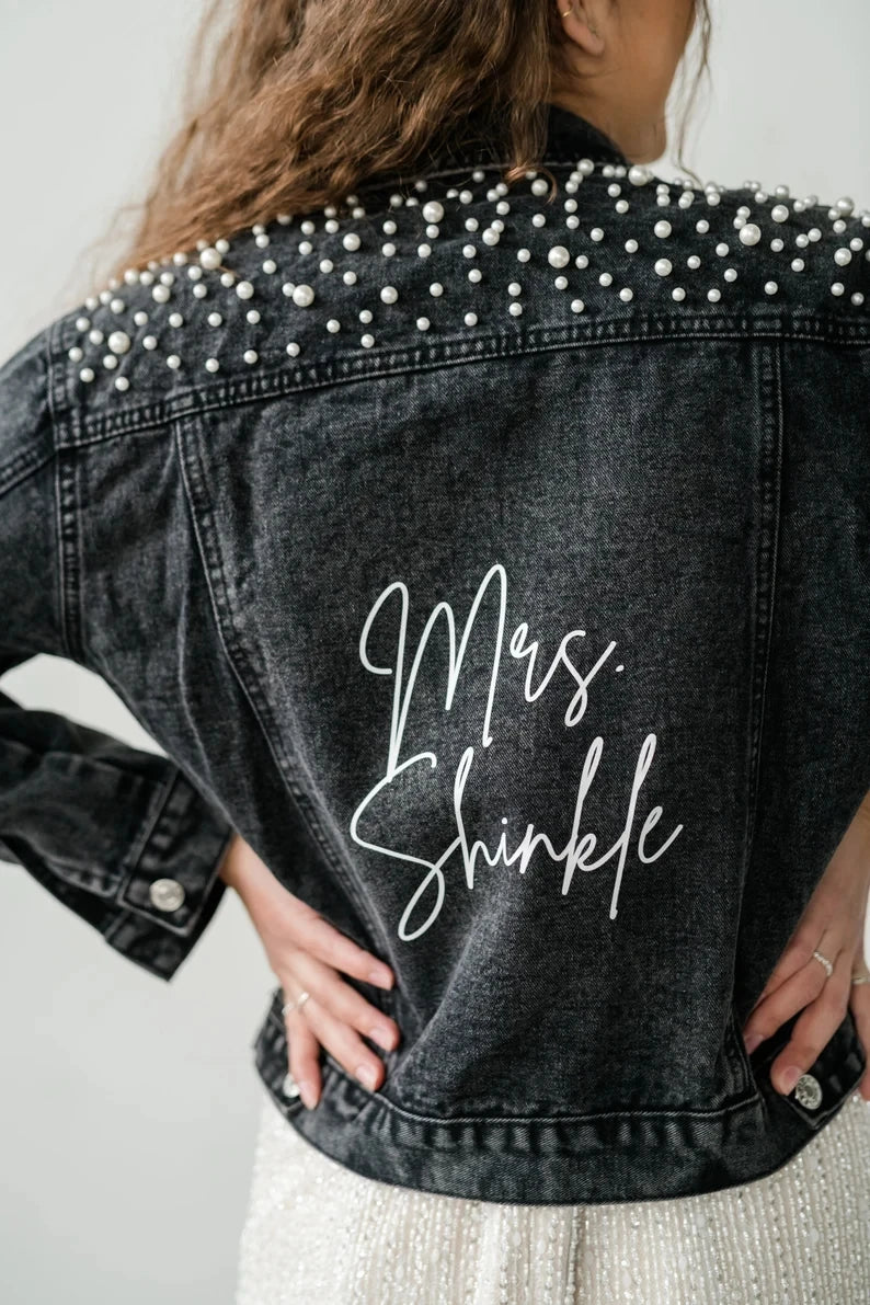 Personalized Mrs. Jacket Pearl Personalized Bride White Denim Jacket Mrs. Jackets Bachelorette Party Wedding Shower Custom Coats