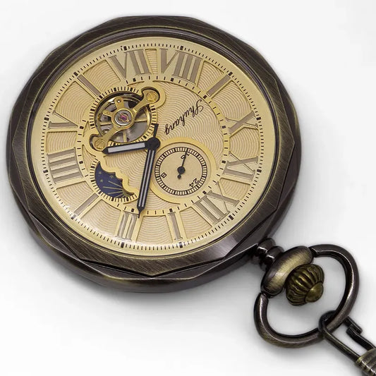 Luxury High Quality Golden Moon Phase Mechanical Pocket Watch Roman Number Tourbillon Dial Pendant Chain Men Women PJX1398