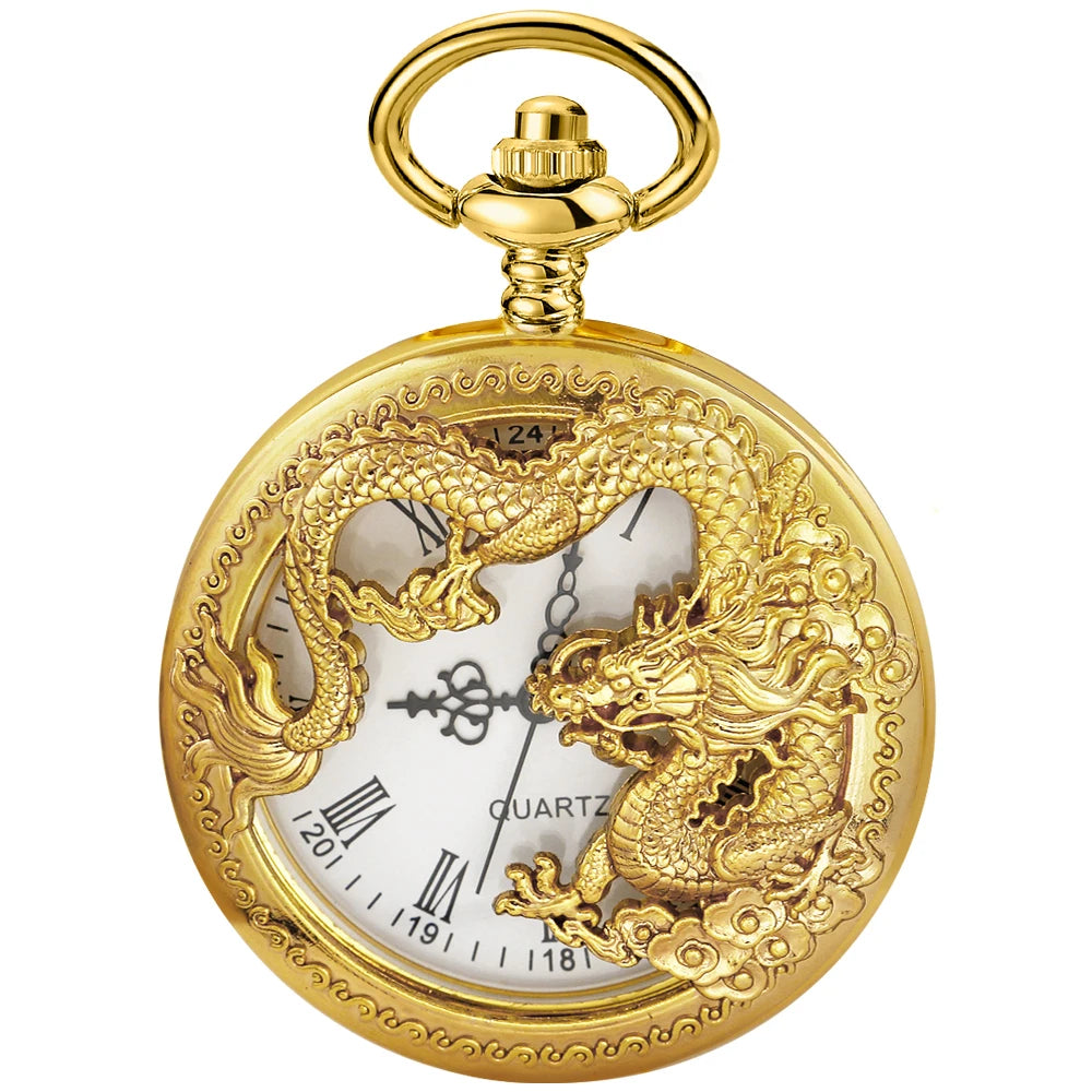 Flying Dragon Embossed Hollow Digital Quartz Pocket Watch Men's High Quality Necklace Timing Pendant Women's Jewelry Gift Clock