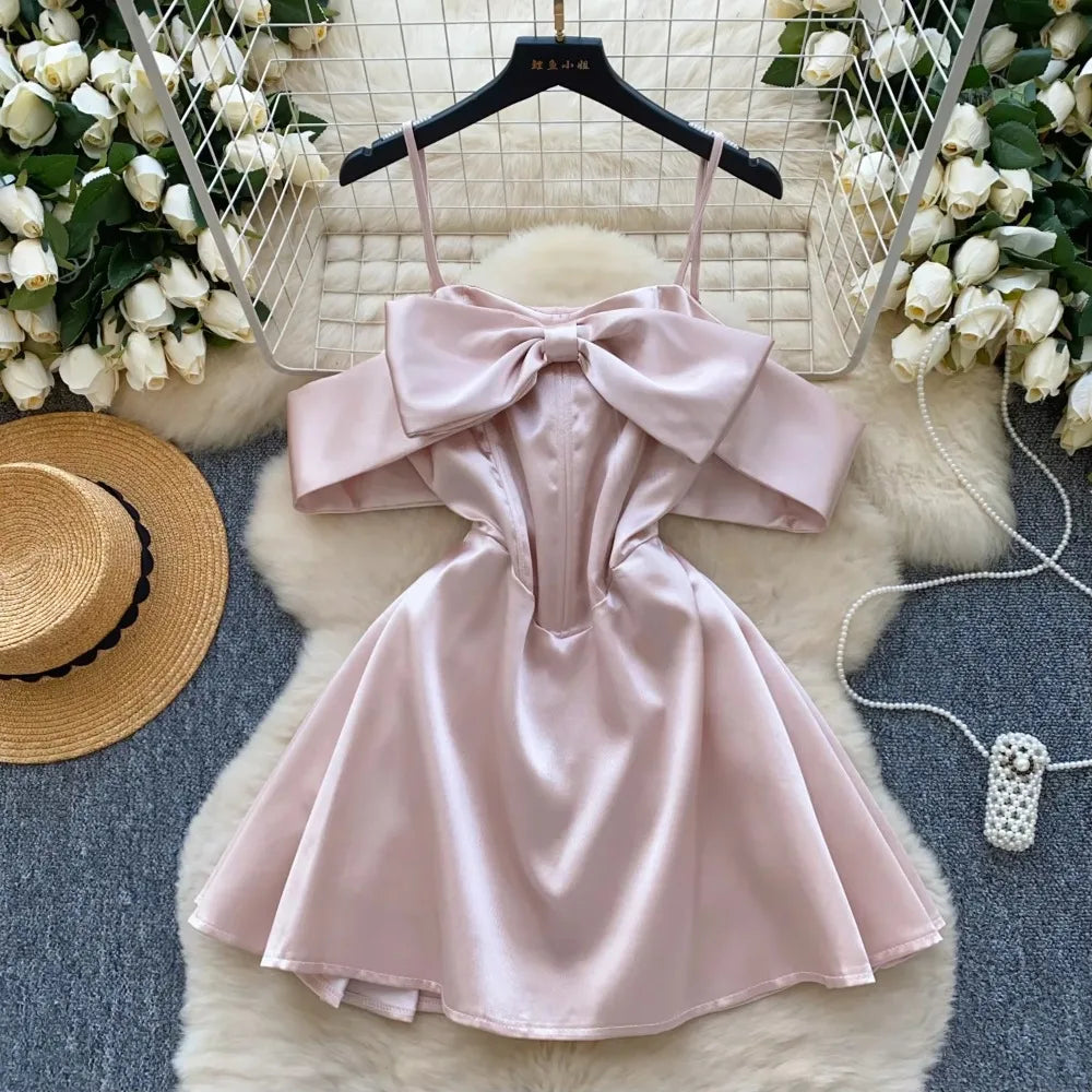 Elegant Sleeveless Vintage Butterfly Bow Sexy Off Shoulder Satin Slim A-line Straps Dresses Birthday Party High Street Clothing