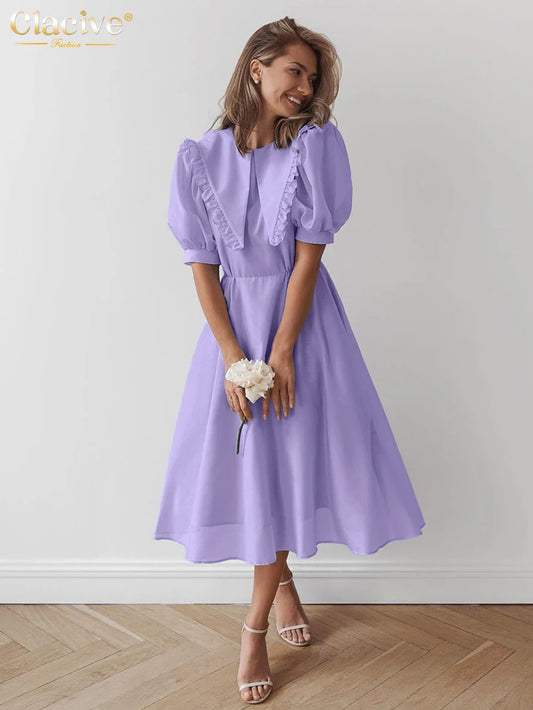 Clacive Summer Loose Purple Women's Dress 2025 Fashion Lapel Short Sleeve Midi Dresses Elegant Classic High Waist Female Dress