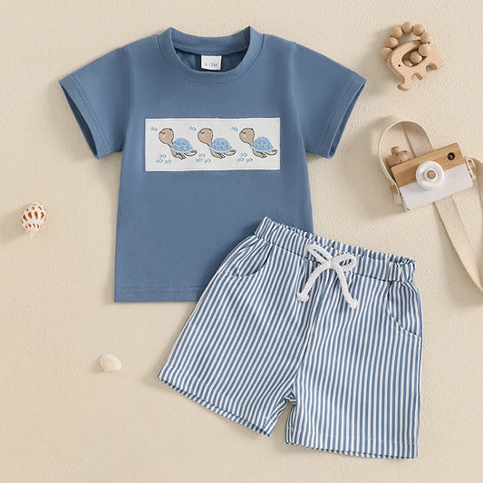 Toddler Boy Clothes Set Whale/Dinosaur/Turtle Short Sleeve T-shirts Striped Elastic Waist Shorts 2 Piece Summer Baby Boys Outfit