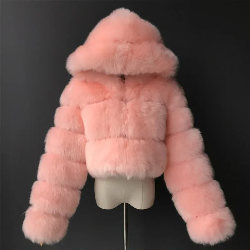 Fashion Warm Faux Fur Thicken Coat For Women Vintage Long Sleeve Hooded Short Female Jackets Autumn Winter Chci Lady Streetwear