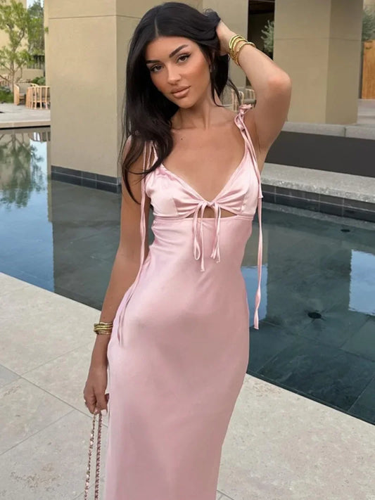 Woman Clothes V-neck Lace-up Backless Pink Holiday Dress Elegant Bandage Hollow Out Solid Long Party Evening Dresses Streetwear