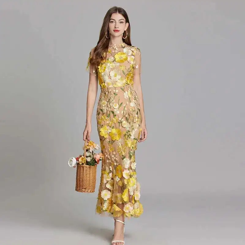 Summer Embroidery Lace Prom Dress Women French Luxury 3D Flower Fishtail Short Sleeve Long Dresses Party Bodycon Holiday Vestido