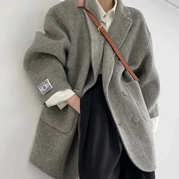 SuperAen Double-sided Cashmere Coat Long Wool Thickened Suit Style Thickened Loose Wool Jacket Coat for Women