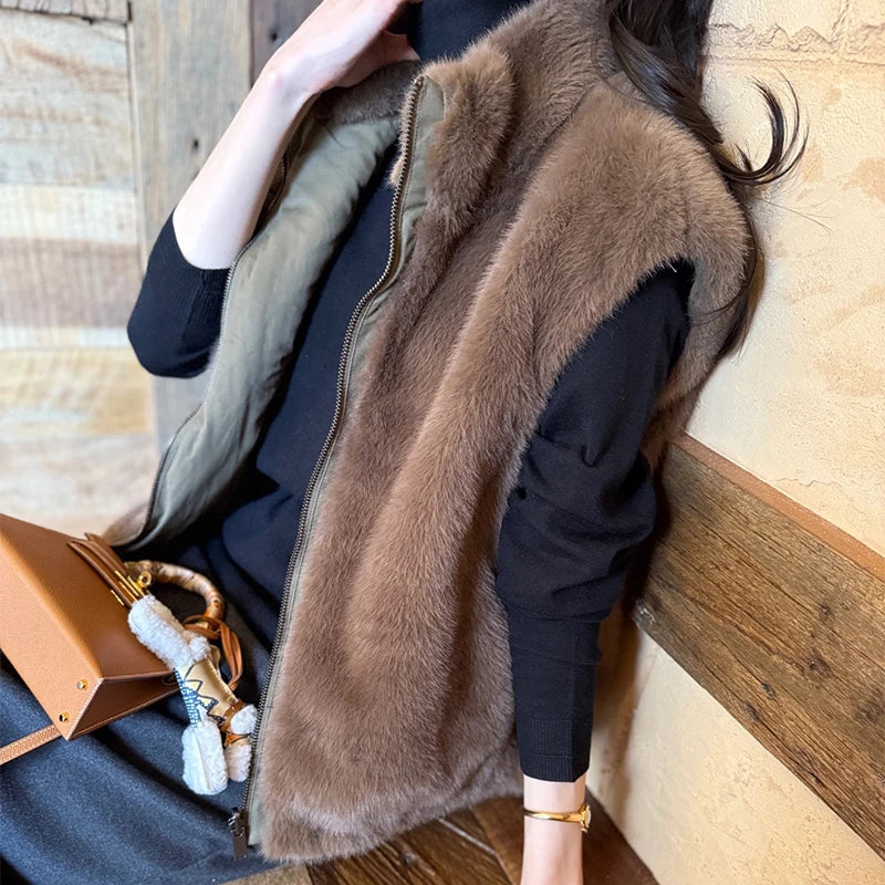 Women Korean Style Mink Fur Reversible Vest Coats Autumn Winter High-end Stand Collar Thick Warm Loose Casual Zipper Waistcoat