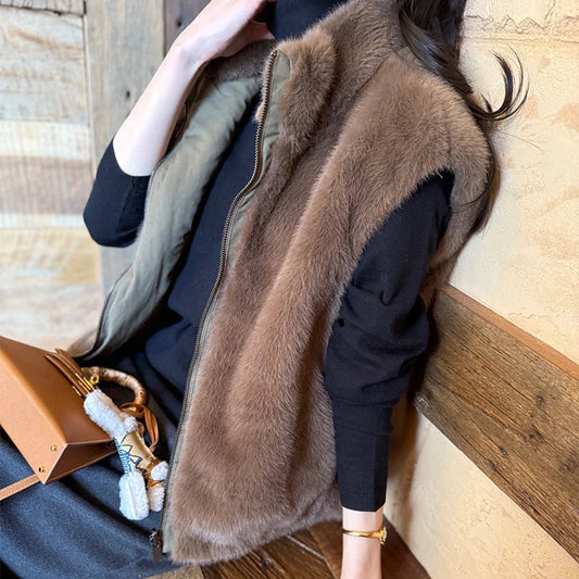 Women Korean Style Mink Fur Reversible Vest Coats Autumn Winter High-end Stand Collar Thick Warm Loose Casual Zipper Waistcoat