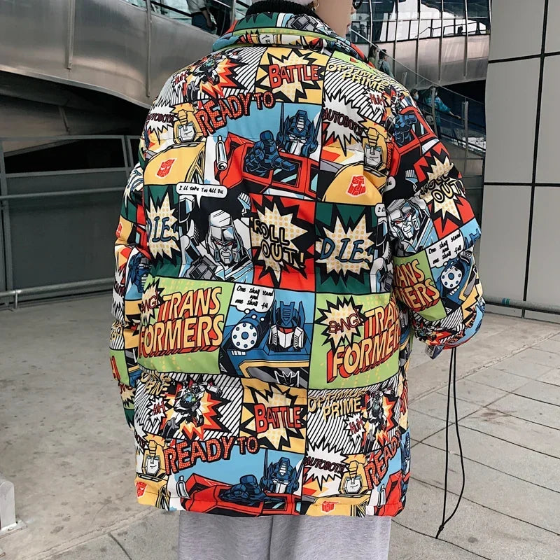 Hip Hop Graffiti Cartoon Print  Parkas Coats Men Streetwear Harajuku Mens Winter Thickend Warm Zipper Cotton Padded Jacket Women