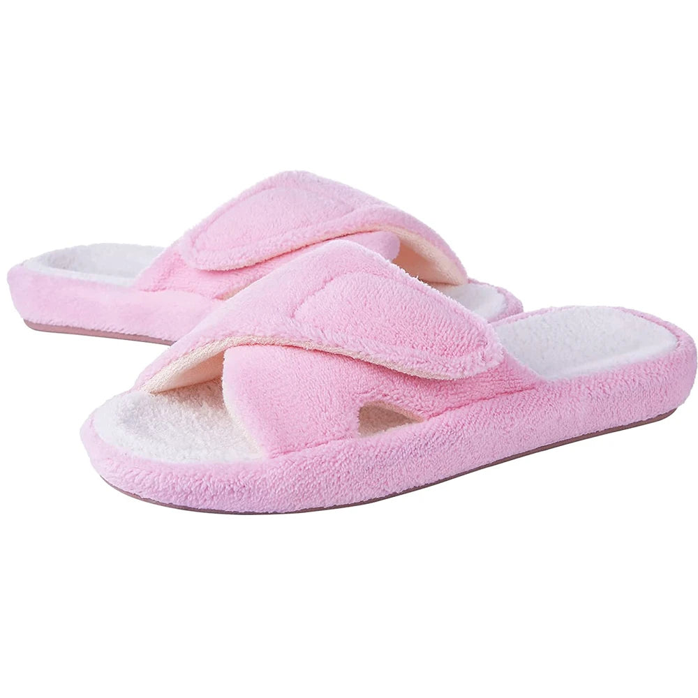 Comwarm Four Seasons Fuzzy House Slippers Women Home Flats Sandals Open Toe Slip-on Cotton Slippers Casual Indoor Furry Slides