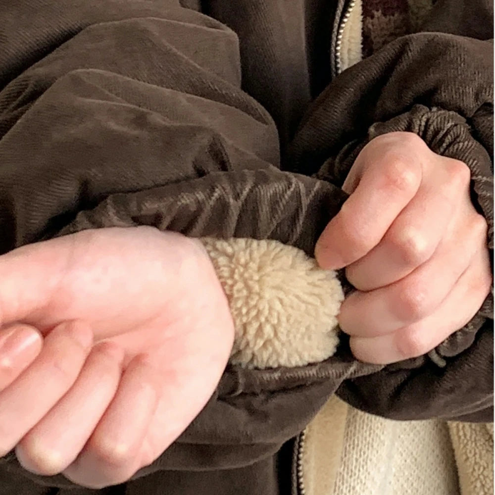 Autumn Winter American Lamb Wool Jacket Men Women Japanese Fashion Vintage Stand Collar Thick Coat Couple Trendy Jacket Unisex