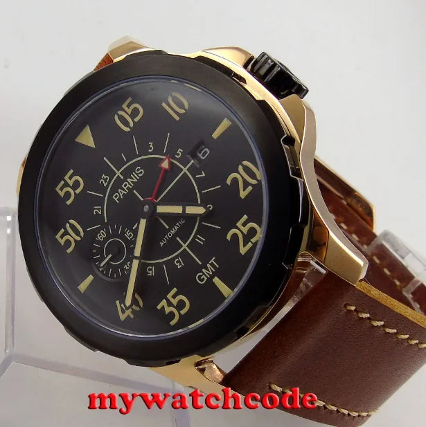 PARNIS GMT Pilot Vintage Automatic Watch for Men 316L Stainless Steel Leather Band Glass Back ST2557 Movement Sports Watches