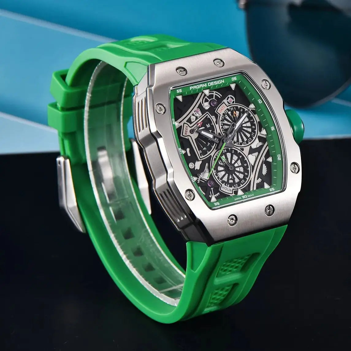 PAGANI DESIGN skeleton Watch Sapphire YS012 Automatic Men’s Quartz Watch Silicone Square Clock Waterproof Relogio Masculino