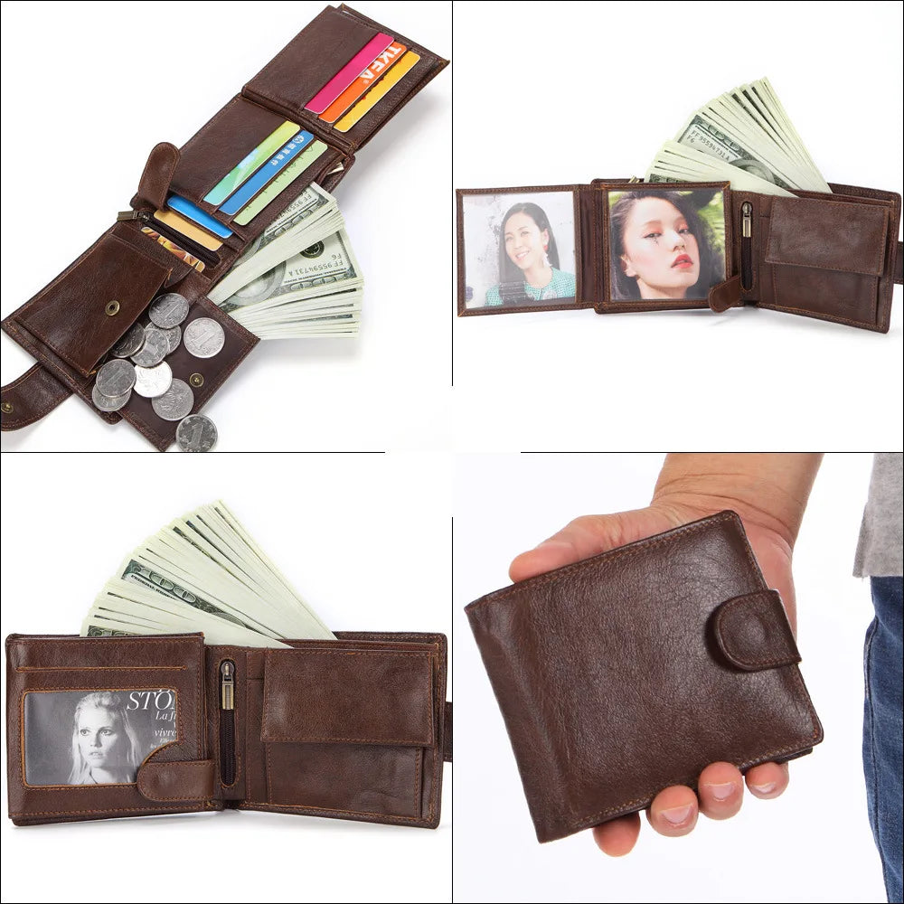 Cowhide Leather Men Short Wallets Hasp Trifold Money Clip Vintage Coin Purse For Male Card Holder Small Clutch Cash Bags JYY693