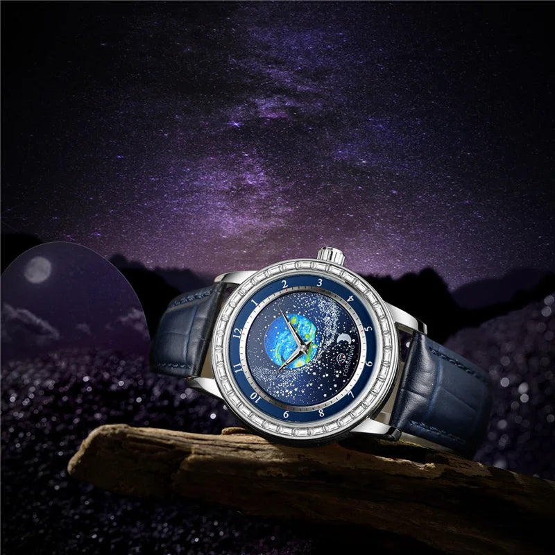 Forsining 432E New Original Automatic Mechanical Watch For Men Luxury Diamond Rotational Starry Sky Moon Phase Wristwatch