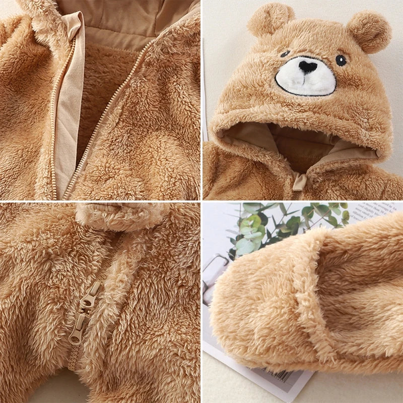 Cute Cartoon Baby Clothing Boys Footies Long Sleeve Velvet Hooded Baby Girl Clothes Winter Warm Baby Romper 0-12 Months