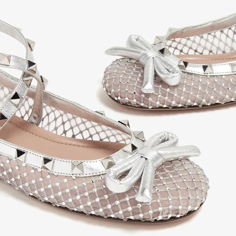 Mary Jane Women's Water Diamond Mesh Bow Flat Shoes, Single Shoes, Rivet Ballet Shoes, Big Sandals, Spring, Summer, New