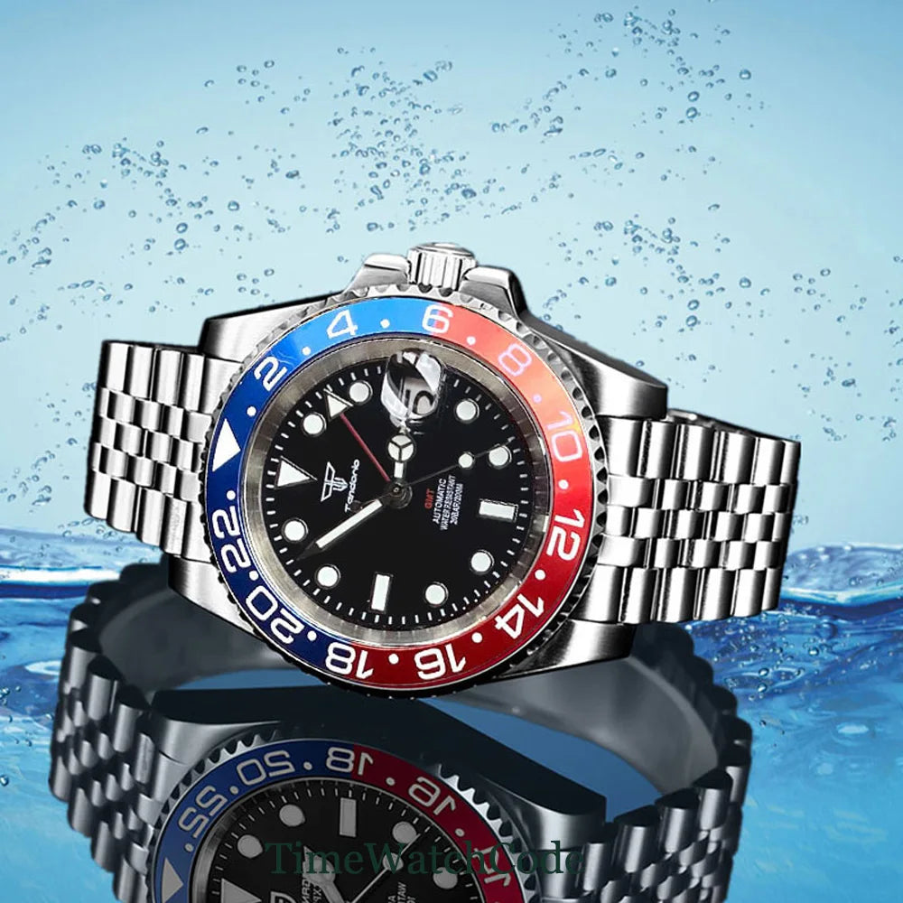 Tandorio 40mm NH34A Men's Automatic Watch GMT Function Luminous Black Dial Sapphire Crystal Auto Date Bracelet Rotating Bezel