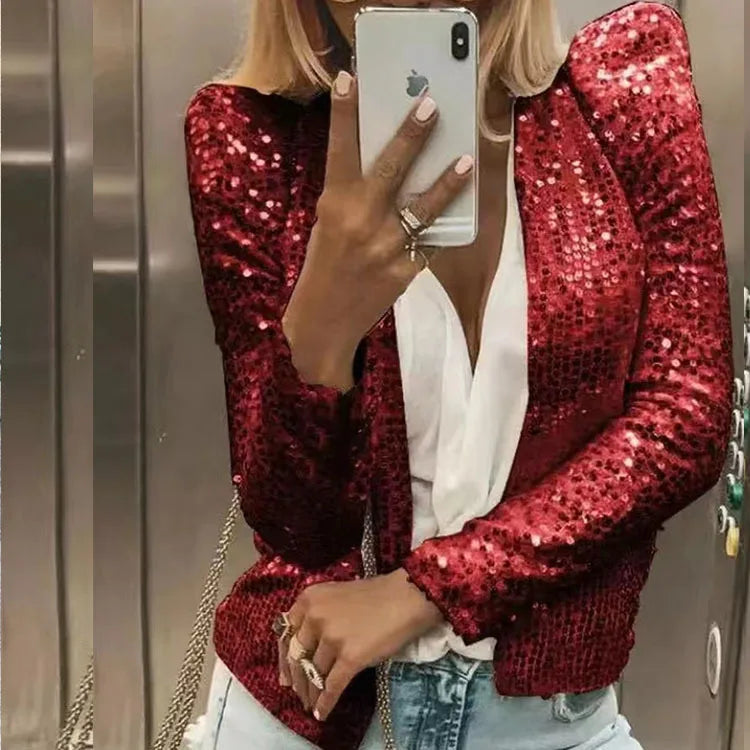 Women Fashion Long Sleeve O-neck Sequins Jacket Lady Elegant Solid Color Cardigan Jackets Female Spring Autumn Chic Short Coat
