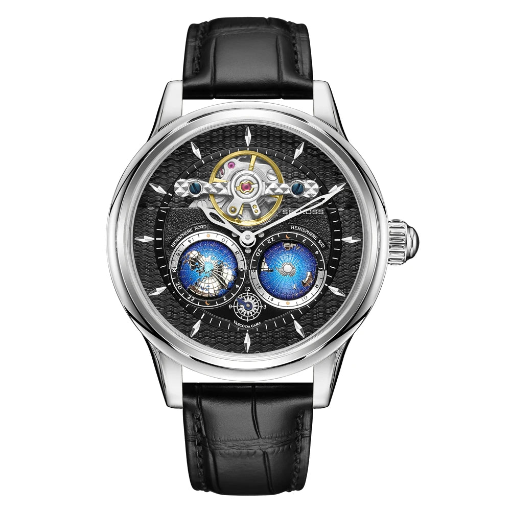 SEAKOSS 3D Double Earth Rotating Automatic Movement Mechanical Watch for Men 1963 Flywheel Wristwatches 5Bar Waterproof Clock