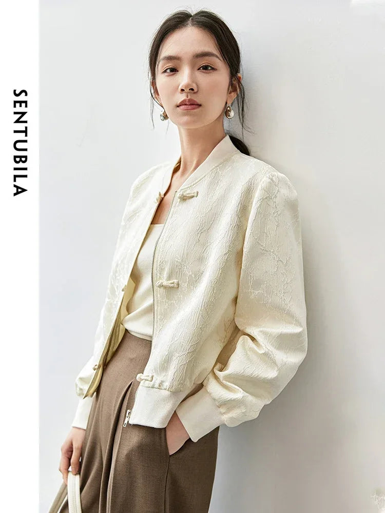 SENTUBILA New Chinese Style Jacquard Baseball Jacket for Women 2025 Autumn Fashion Loose V Neck Long Sleeve Coat 143W55778
