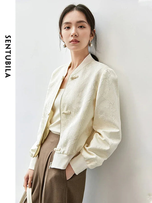 SENTUBILA New Chinese Style Jacquard Baseball Jacket for Women 2025 Autumn Fashion Loose V Neck Long Sleeve Coat 143W55778