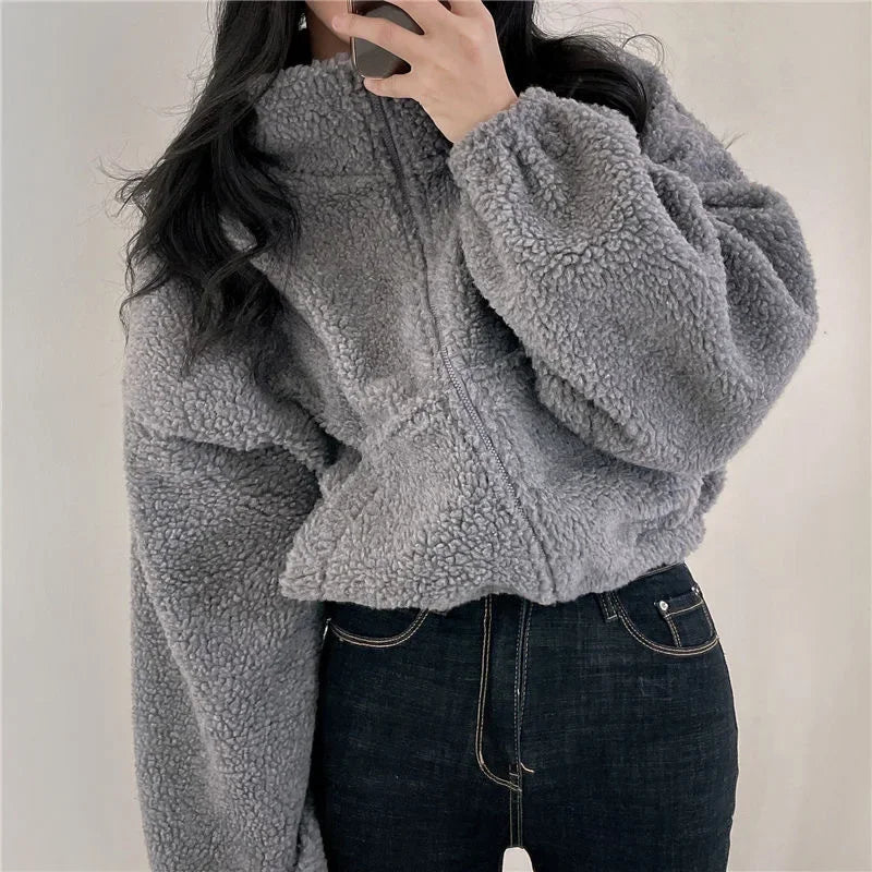 Women's Short Zipper Hoodie Thickened Stand Collar Lamb Velvet Jacket Loose Fit Autumn Winter Casual Style Outerwear