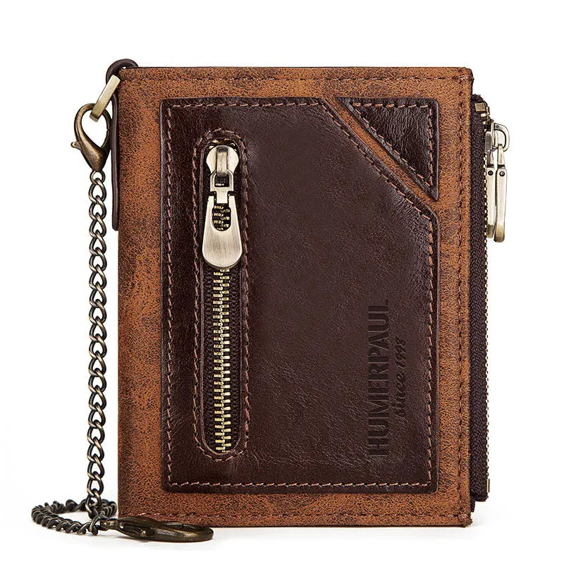 Cowhide Leather Men Short Wallet Zipper Rfid Bifold Coin Purse Credit Card Holder For Male Vintage Chain Clutch Money Bag JYE447