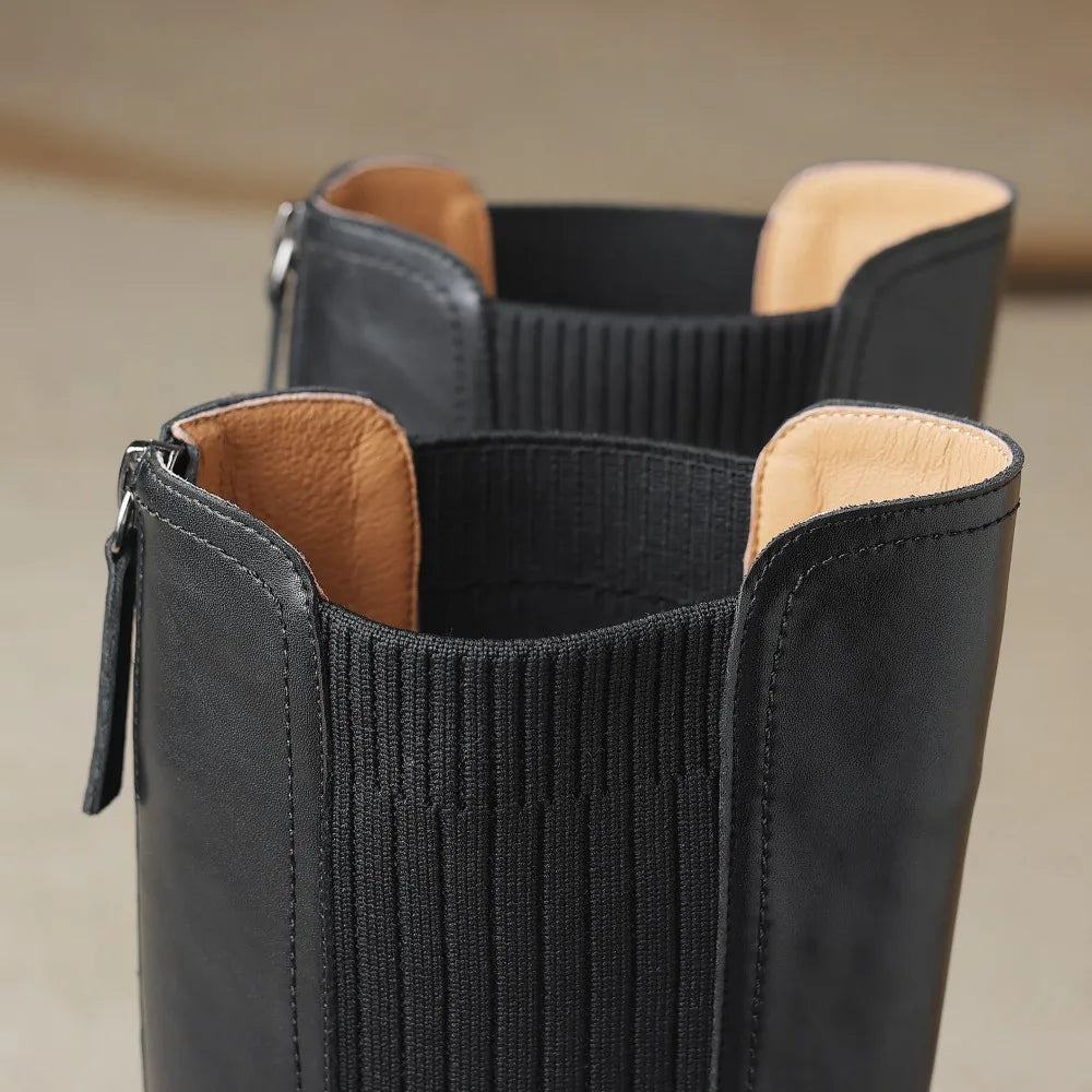 Women's genuine leather stretch knit patchwork back zip autumn knee high boots round toe casual female long boots shoes women 40