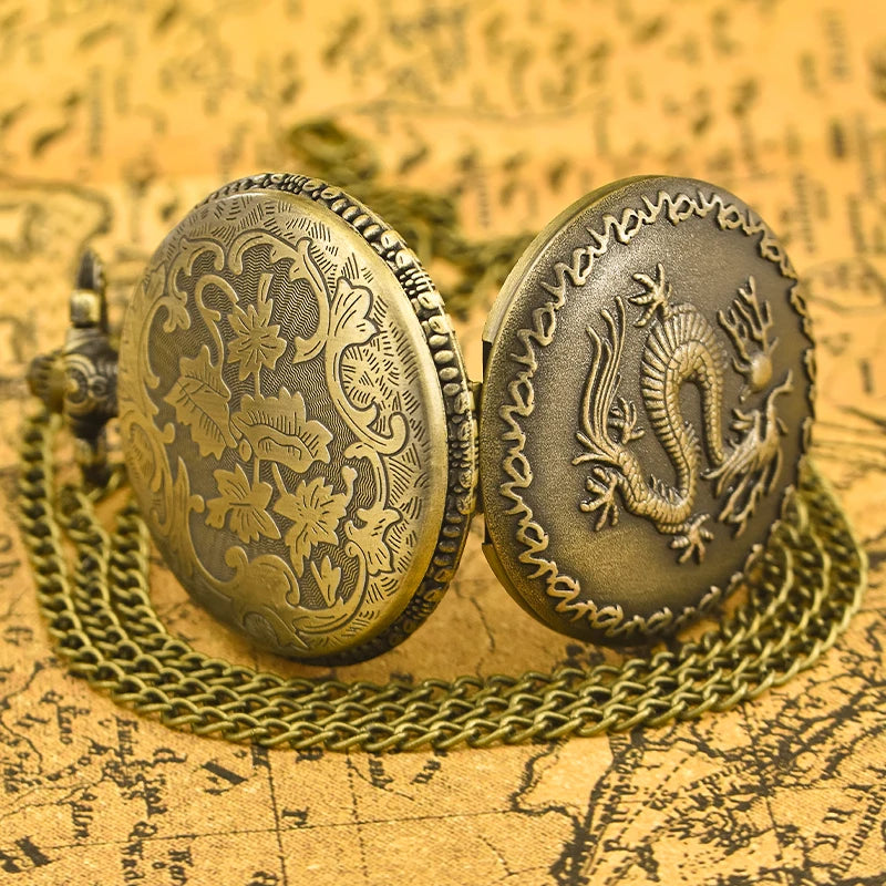 Vintage Bronze Clamshell Chinese Dragon Carved Necklace Quartz Pocket Watch Gifts Are Common For Male And Female Students