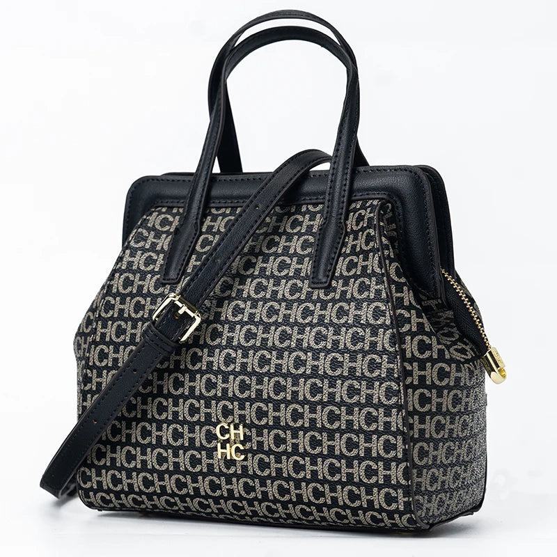 CH Classic Fashion Zipper Design Women's Handbag, Monogram Print, Versatile Solid Color Block Shoulder Bag