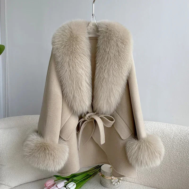 2023 Cashmere Wool Blends Coat Winter Autumn Women Jacket Real Fox Fur Collar Loose Thick Warm Outerwear Streetwear