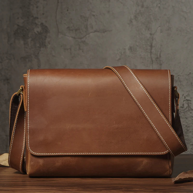 NUKA Men's Genuine Leather Shoulder Bag Retro Original Cowhide Horizontal Crossbody Deluxe Flap Messenger Bags For 11 Inch Ipad