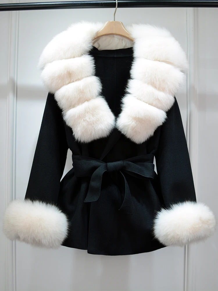 2025 Fashion Winter Real Fox Fur Collar Cuff Cashmere Wool Coat Women Suit Collar Warm Loose Mid Length Belted Wool Coat Blends