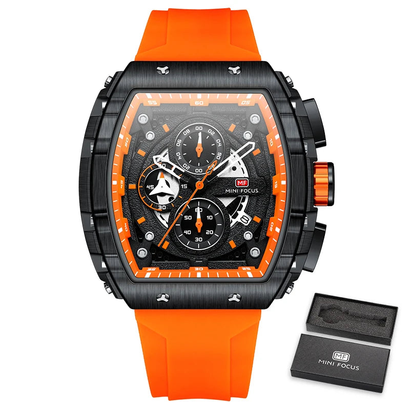 MINI FOCUS Chronograph Quartz Watch for Men Tonneau Dial Military Sport Wristwatch with Orange Silicone Strap Auto Date 0399