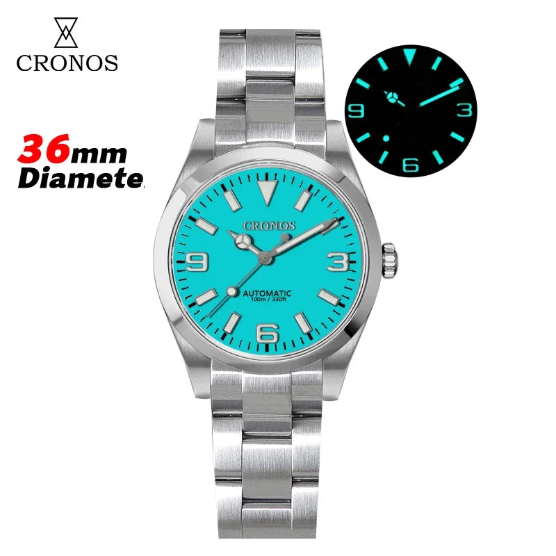 Cronos 36mm EX Men Watch NH35 Automatic Movement Mechanical Watches Waterproof 10Bar Sapphire Bushed Bracelet Wristwatch L6019