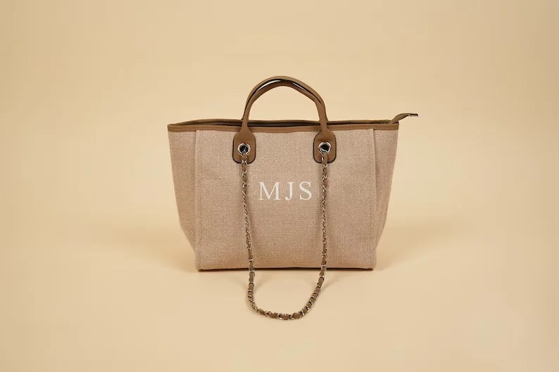 Custom Monogram Canvas Tote Bag Initial Bag Handbag Beach Bag Birthday Gift Bag with Chain Tote Bag Summer Holiday Bag