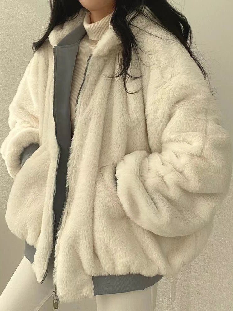 Korean Version Plush Thickened Double-sided Lamb Wool Cotton Coat Women's Winter Loose Solid Color Zipper Hooded Jacket 2020 New