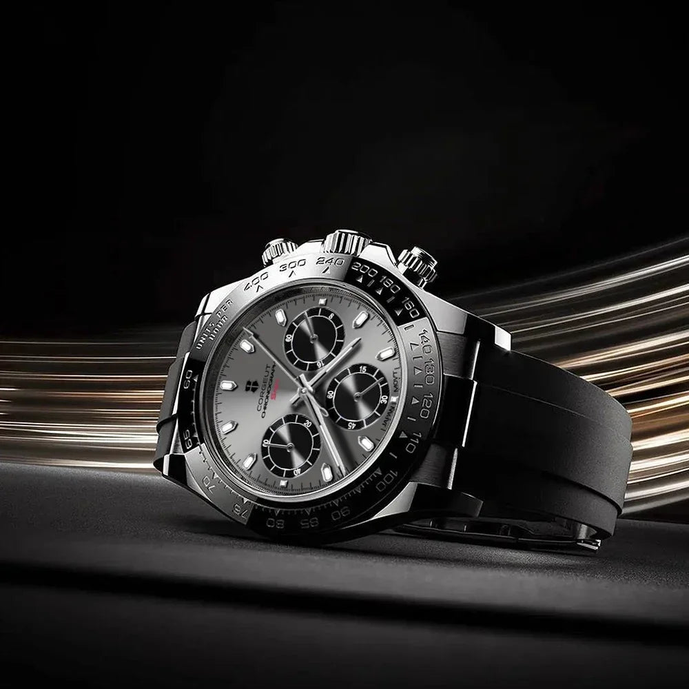 CORGEUT VK63 High Luxury Quartz Movement Silica Gel Sports Men's Watches Sapphire Flat Mirror Watch for Man Run Seconds