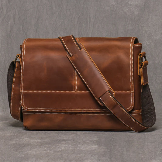 Retro Crazy Horse Leather Men's Shoulder Bag Handmade Men's Messenger Bag Top Layer Cowhide Flap Crossbody Bag