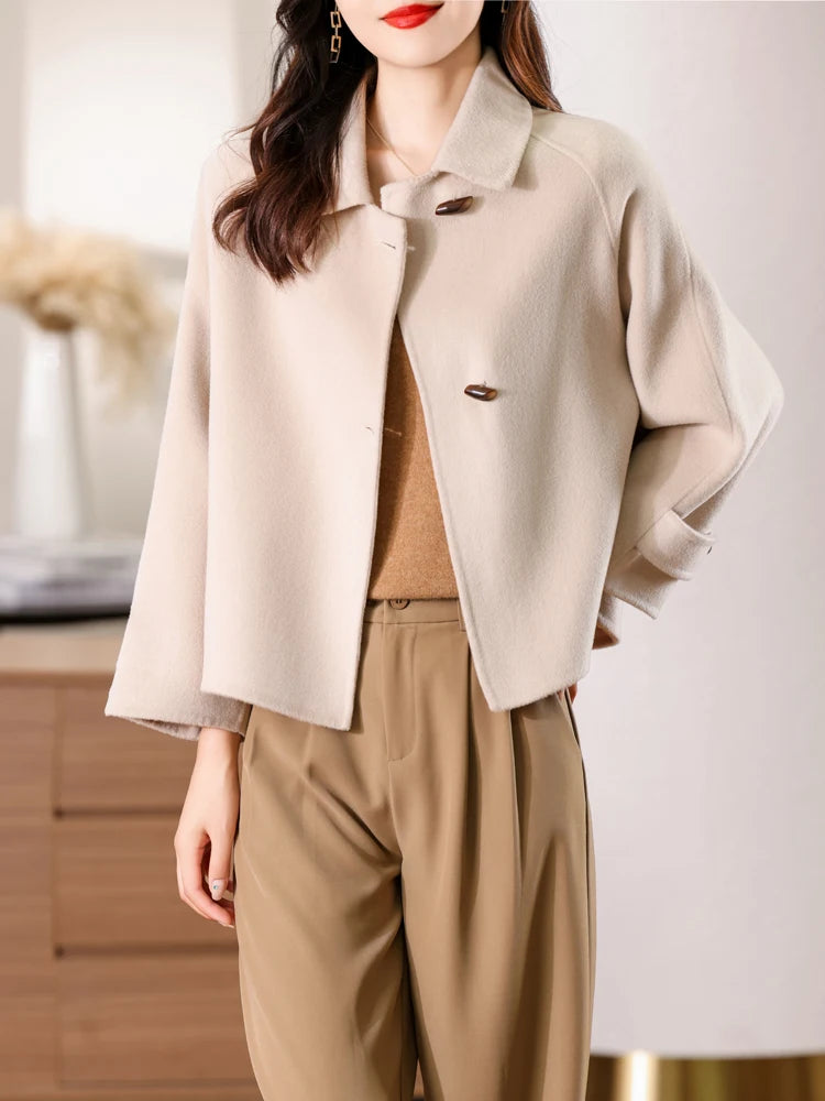 100% Merino Pure Wool Handmade Double-Sided Cloth Chic Coat Women's Short Oxhorn Button Heavy Coat High Street Elegant Top