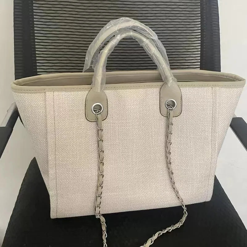 Custom Monogram Canvas Tote Bag Initial Bag Handbag Beach Bag Birthday Gift Bag with Chain Tote Bag Summer Holiday Bag