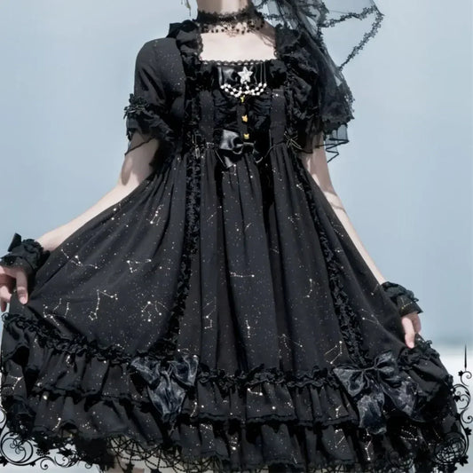 NONSAR Gothic Square Collar Ruffles Lace Black Dress Women Sweet Short Sleeved OP Dresses Summer Daily Goth Lolita Y2K Dress