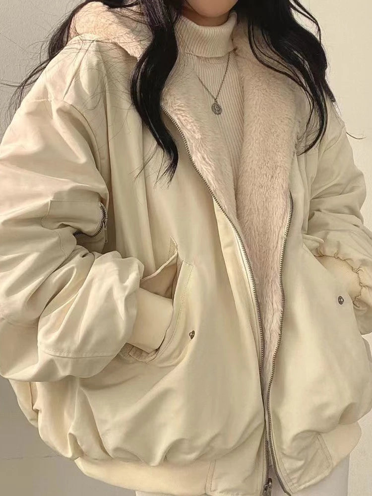 Korean Version Plush Thickened Double-sided Lamb Wool Cotton Coat Women's Winter Loose Solid Color Zipper Hooded Jacket 2020 New