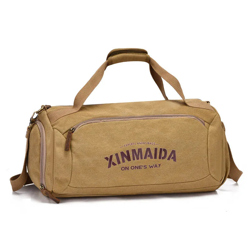 Male Travel Bags Large Capacity Canvas Bag Men Fitness Sports Training Handbag with Shoes Pocket Khaki Shoulder Bags XM332