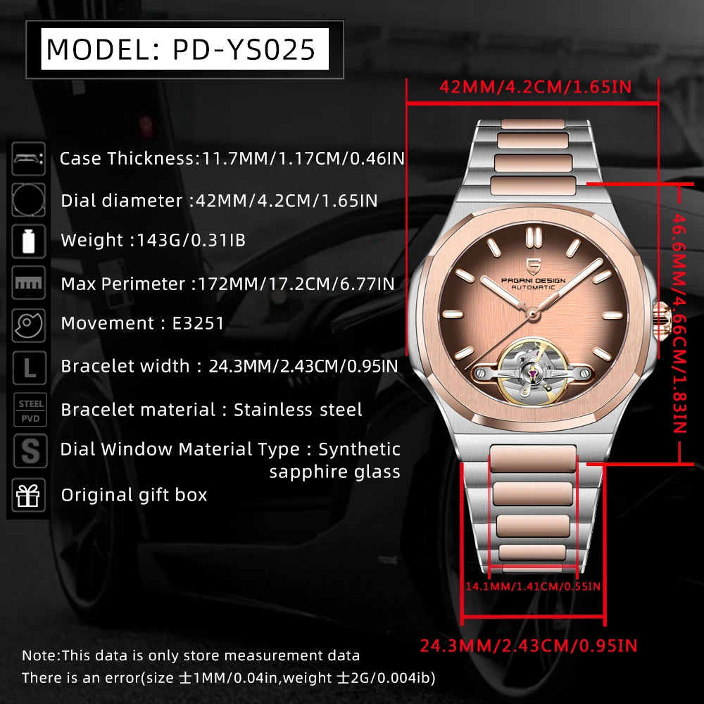 2025 New PAGANI DESIGN Rose Gold Men's Watches Tourbillon Mechanical Wristwatches Luxury Automatic Watch Men AR Sapphire Mirror
