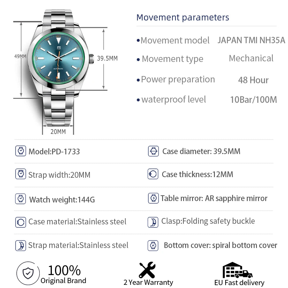 PAGANI DESIGN Men's Watches Luxury Automatic Watch for Men Green Glass Mechanical Watches AR Sapphire glass Wristwatch Men 2025